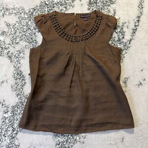 Lily Stanhope Top Womens Size M Brown 100% Linen Pleated Detail Beaded Neckline